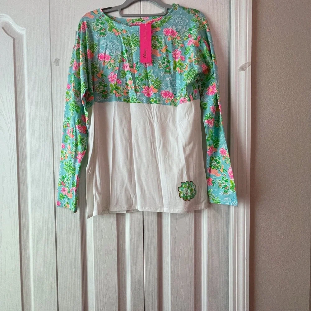 Disney Parks Lilly Pulitzer Mickey Minnie Mouse Finn Logo Long Sleeve T-Shirt - Picture 2 of 6